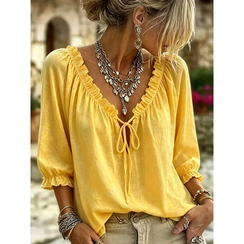 Spring/Summer Beach Style Ruffled Collar Tie-Waist Versatile Travel Shirt