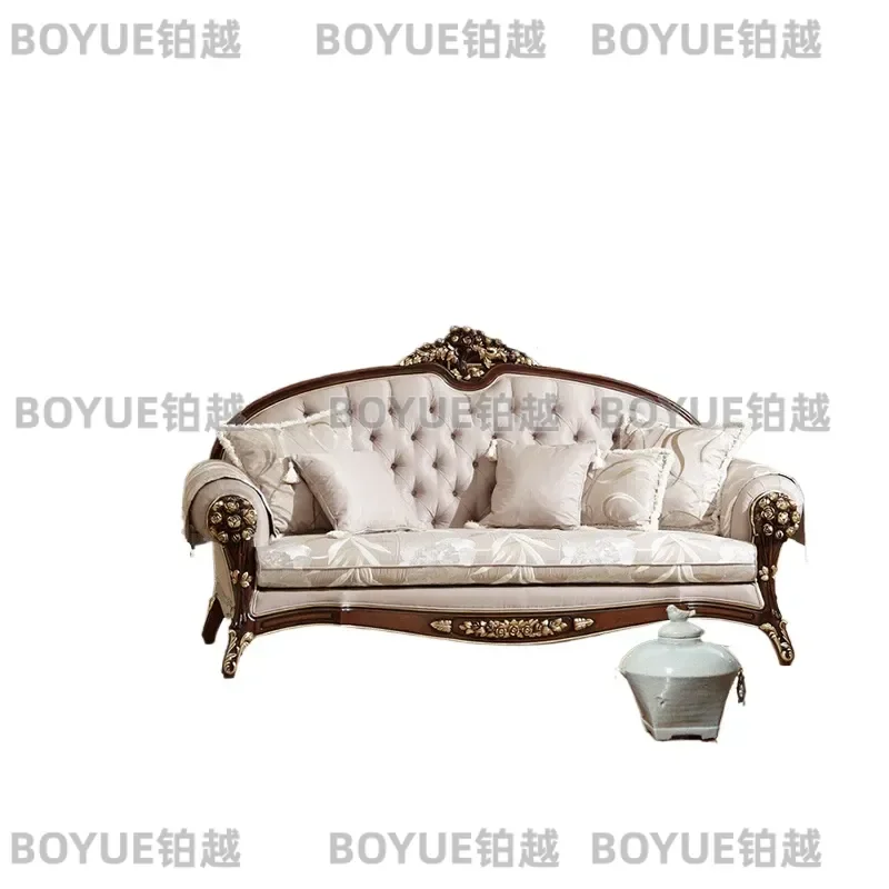 Neoclassical Solid Wood Carved Sofa Set Rose Fabric 3 Seater Couch for Villa Living Room Elegant Furniture