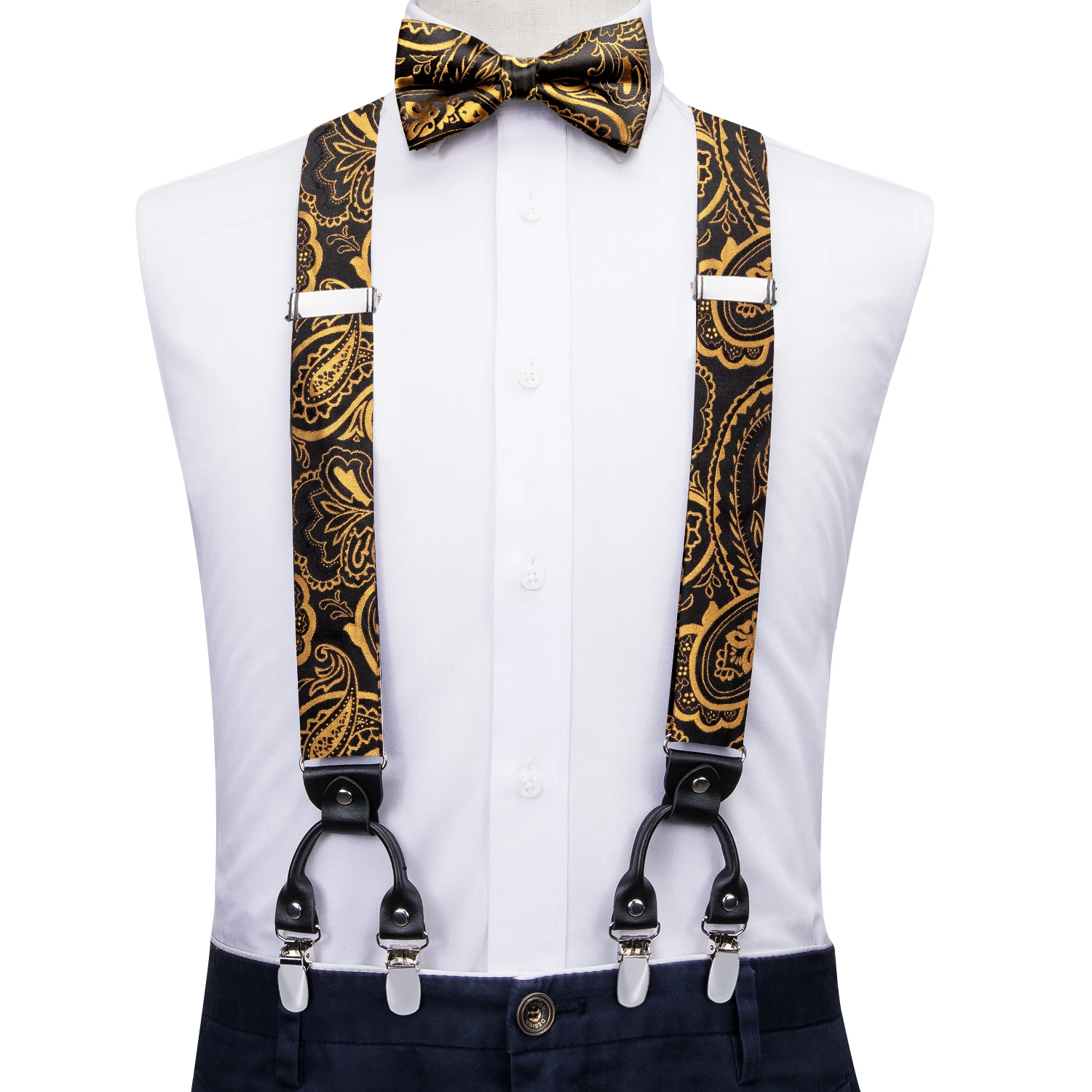 Hi-Tie Jacquard Gold Silk Mens Braces Bowtie Hanky Cufflinks Set Adjustable Clip On Suspender Bow tie for Male Wedding Business