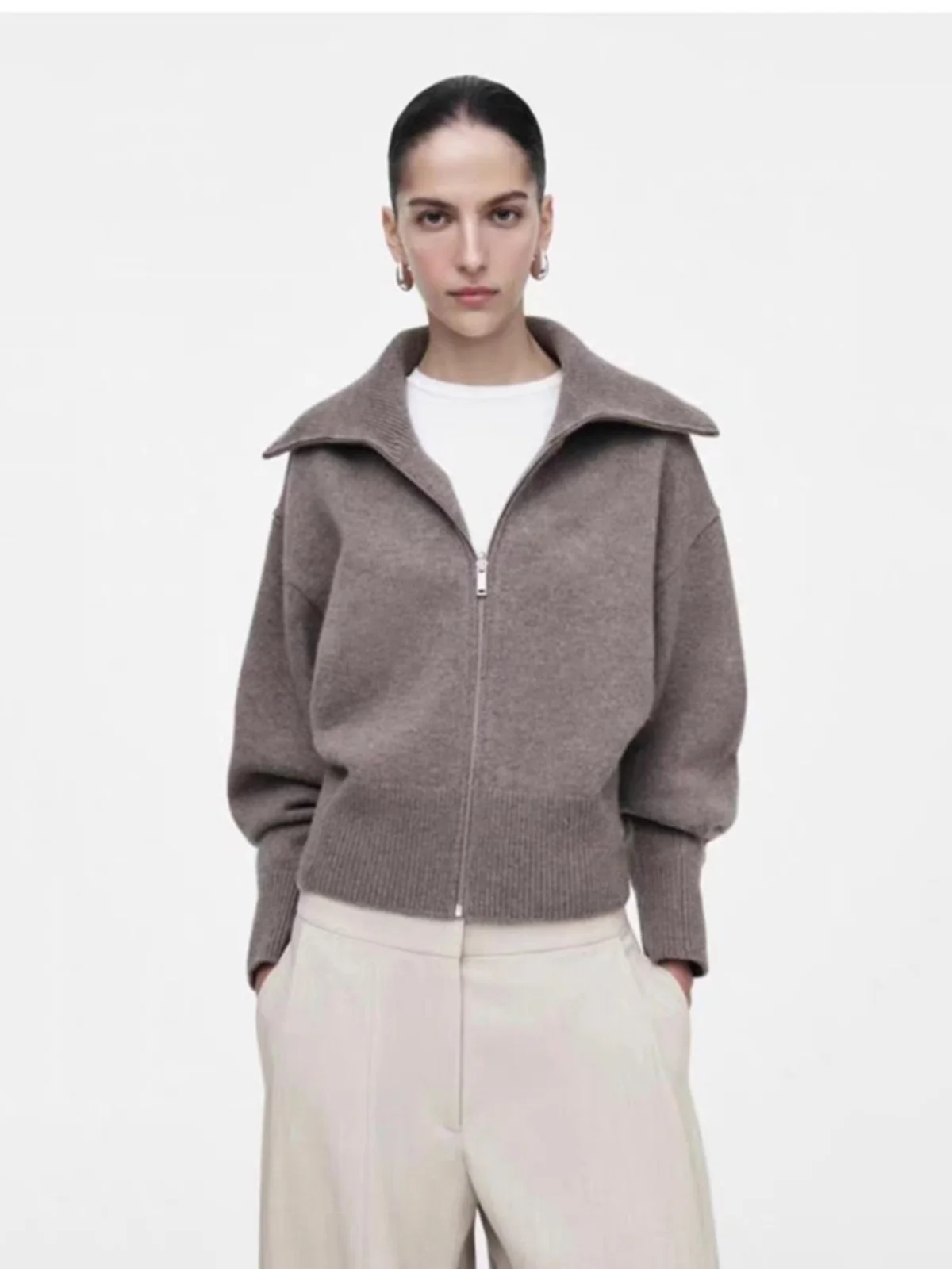 New Autumn Winter Women's Knitted Cardigan Slim Fit Stand Sle Casual Loose Long Sve Zipper Closure  Color Jaet