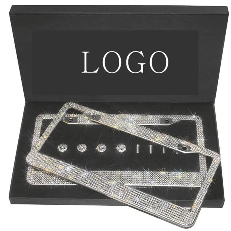 Bling Rhinestone Car License Number Plate Frame Crystal Diamond Stainless Steel Meatal License Plate Holder Black/ White/ Pink