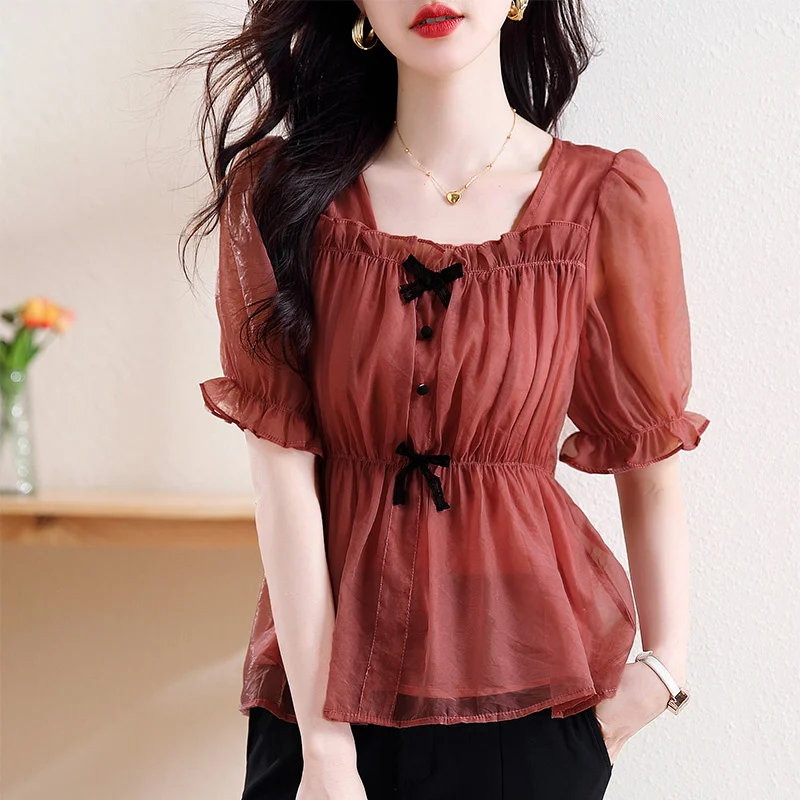 

Женская шифоновая блузка в стиле «Допамин» с коротким рукавом, модная, летняя, с эффектом коррекции живота