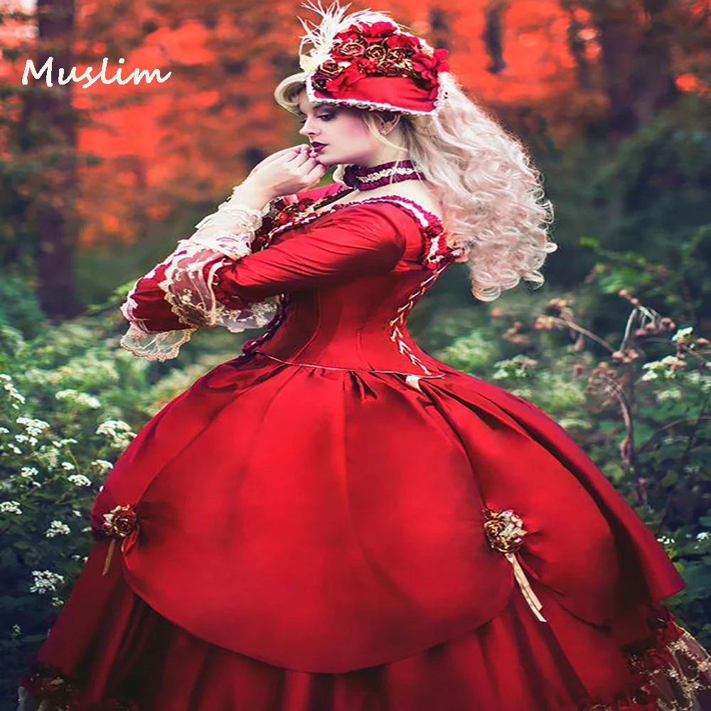 Vintage medieval vermelho quinceanera vestidos com florais manga longa vestido de baile renascentista gothic baile vestido de mascarada robe mariée