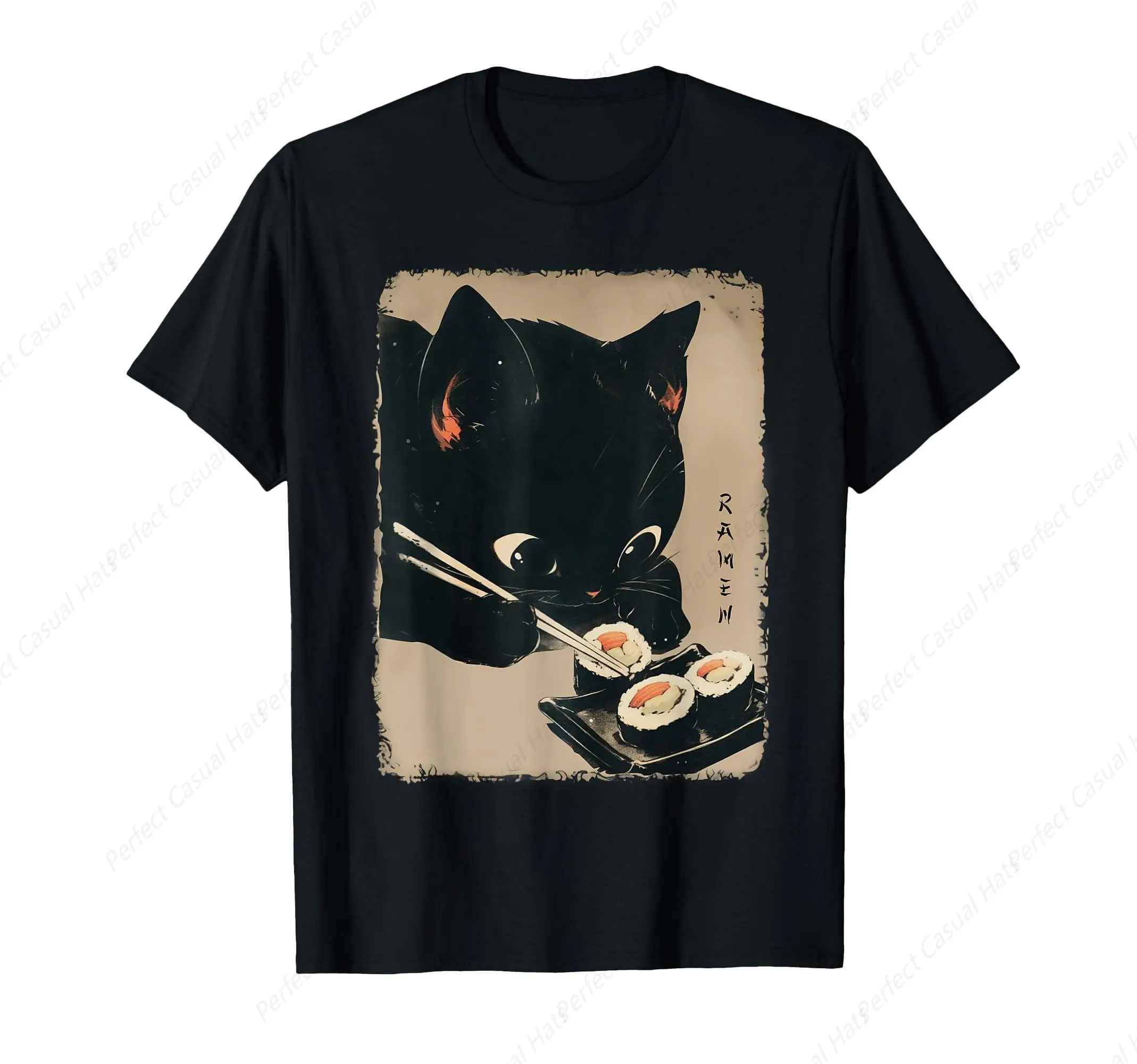 Hot-Selling Kawaii Cat Eating Sushi Funny Japanese Anime Cute Cat T-Shirt Cotton Soft Shirt Unisex