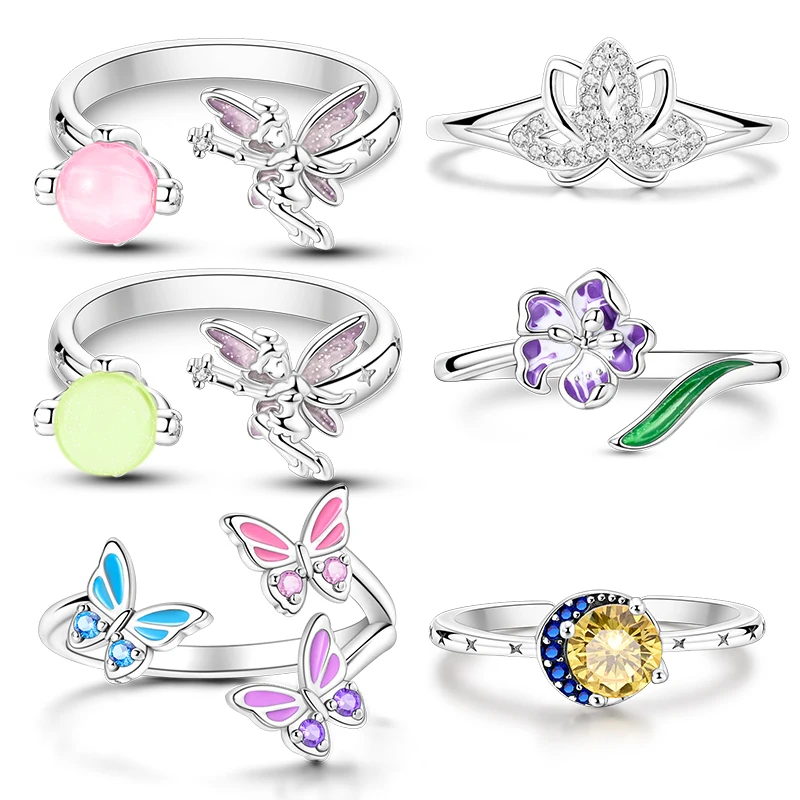 

Classic 100% 925 Sterling Silver Luminous Flower Spirit Butterfly CZ Split Rings For Women Engagement Jewelry Anniversary Gift