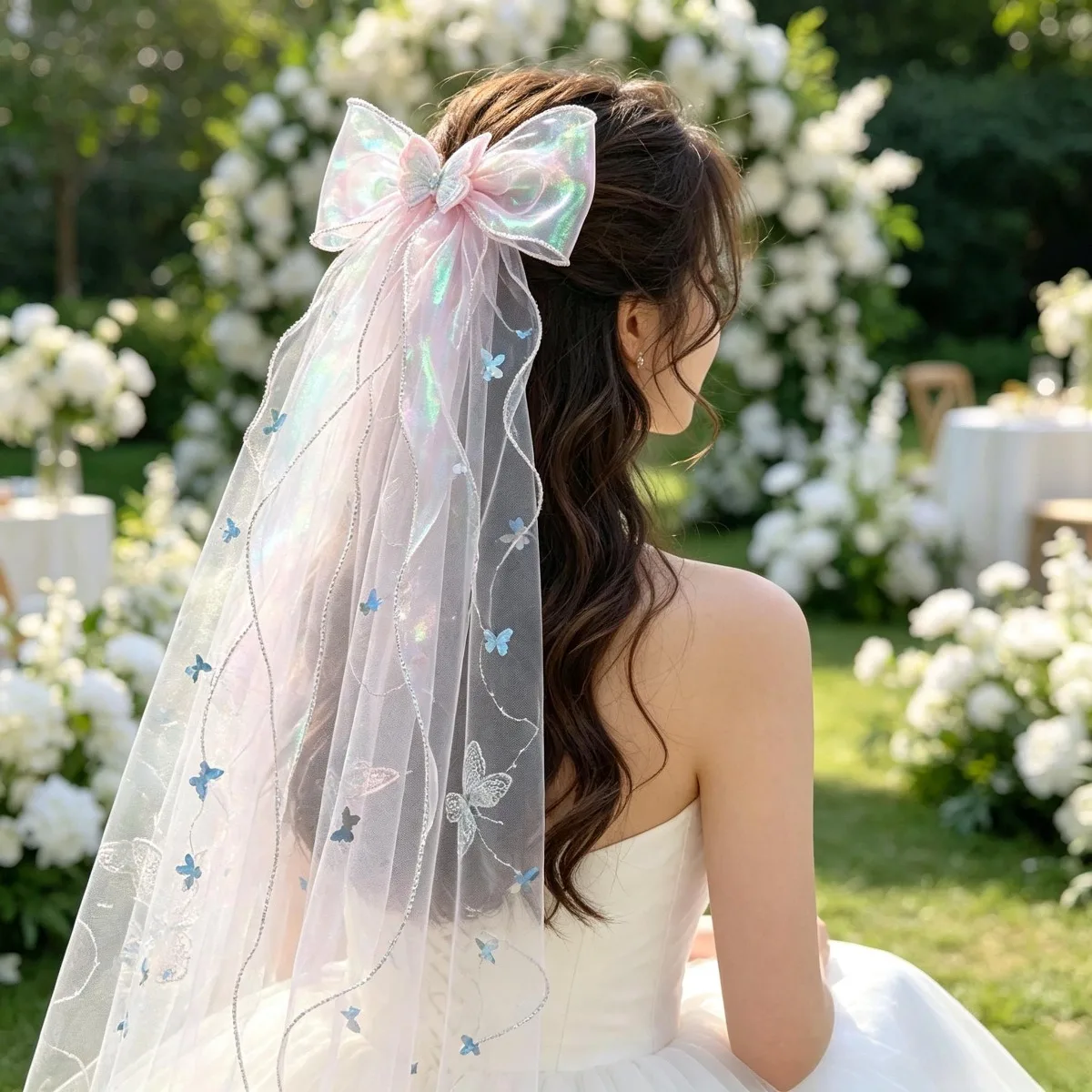 Iridescent Butterfly Bridal Veil With Large Bow, Holographic Tulle Wedding Veil, Fairy Butterfly Embroidery Short Veil