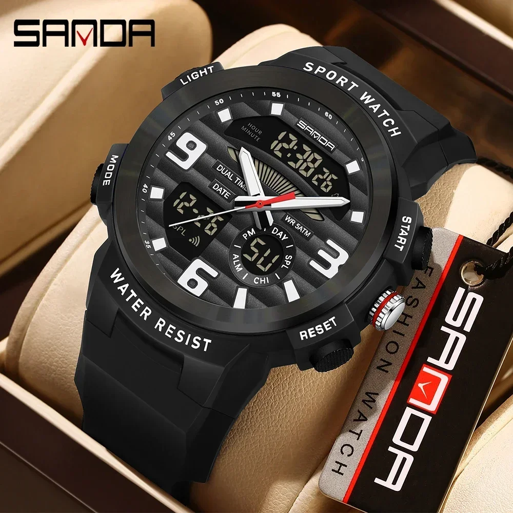 SANDA Multifunction Men Watch Dual Display Waterproof Digital Sport Wristwatch Man Silicone Strap LED Date Quartz Clock view 5