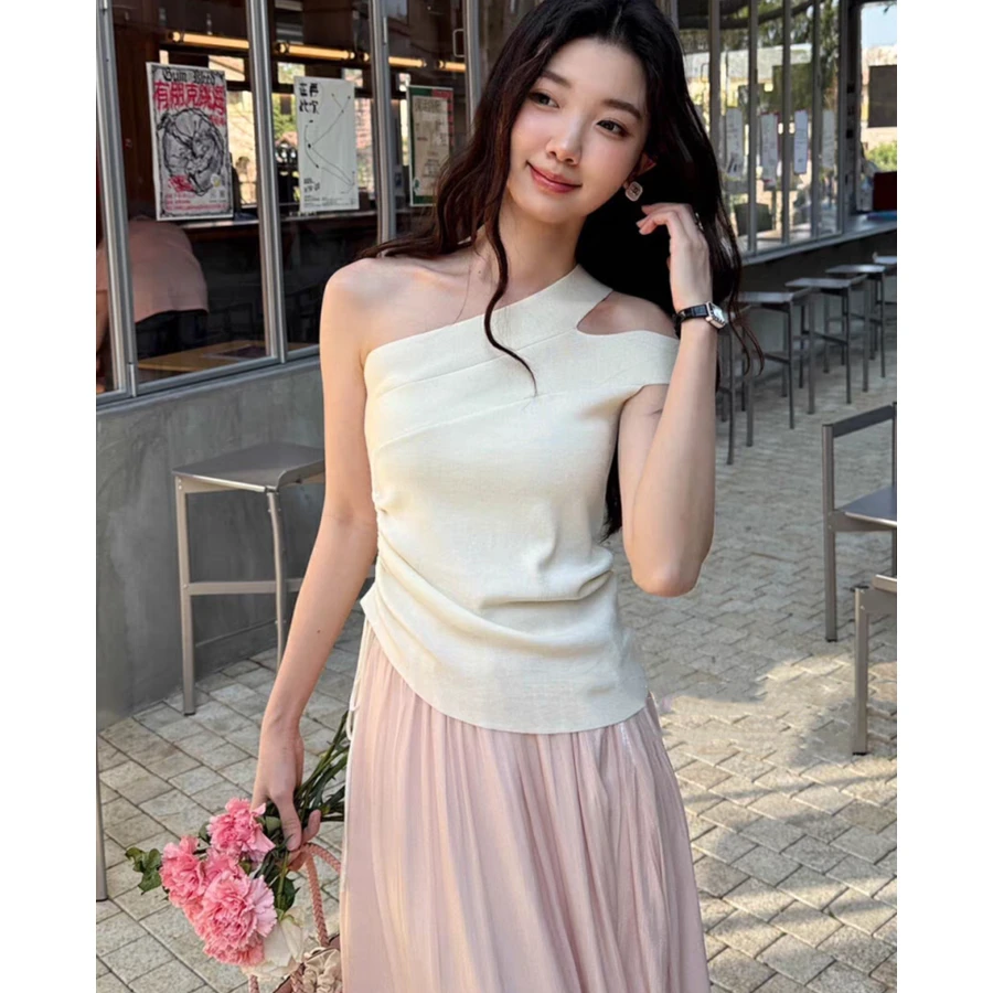 เซ็กซี่ถักเสื้อกั๊กแขนกุดผู้หญิงไม่สม่ําเสมอปิดไหล่ Slim Casual Tank Tops