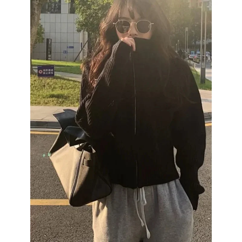 Y2k سترة هاراجوكو الجمالية Mujer كارديجان الياقة المدورة ملابس الشارع الشهير رمادي المحاصيل القمم سستة 2024 الخريف كل مباراة الصلبة سترة #6