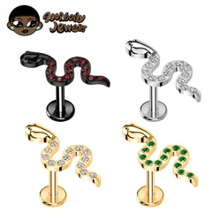 ASTM F136 Titanium Piercing Viper Snake CZ Labret Cartilage Earring Flat Back Stud Conch Tragus Helix Medusa Monroe Piercing