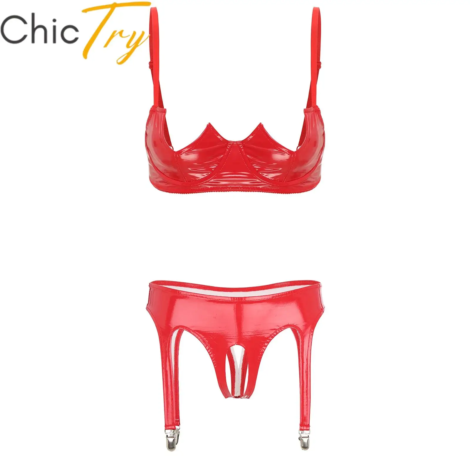 

Womens Wetlook Lingerie Set Patent Leather Underwired Bra Tops and Opening Crotch Thong Outfits for Couple Dating Night Clubwear