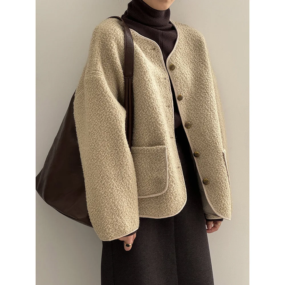 Cappotti autunnali da donna cappotto con giacca a bottone singolo Feminino Fashion Fleece top a maniche lunghe per donna cappotto Beige High Street