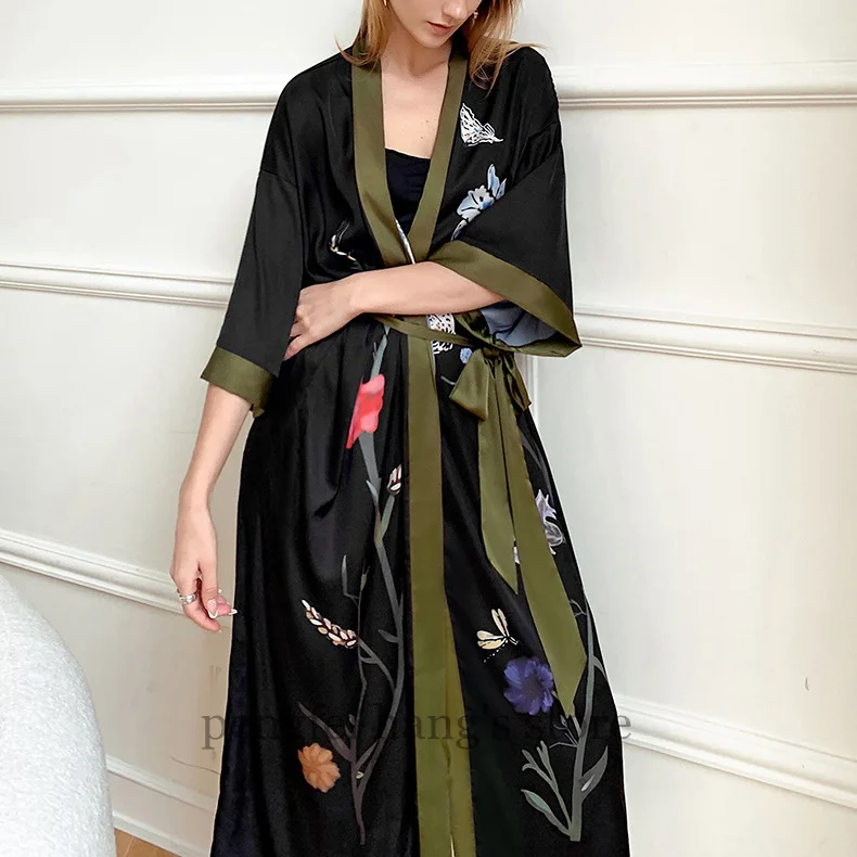 Blue Crane Robe Lady Leisure Kimono Bathrobe Gown Satin Sleepwear Nightwear Print Intimate Lingerie Nightgown Women Loungewear