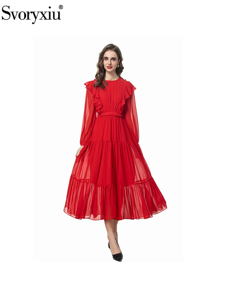 

Svoryxiu модное осеннее вечернее красное великолепное длинное платье женское с круглым вырезом и рукавами-фонариками с высокой талией из сетчатой пряжи с воланами по подолу платья