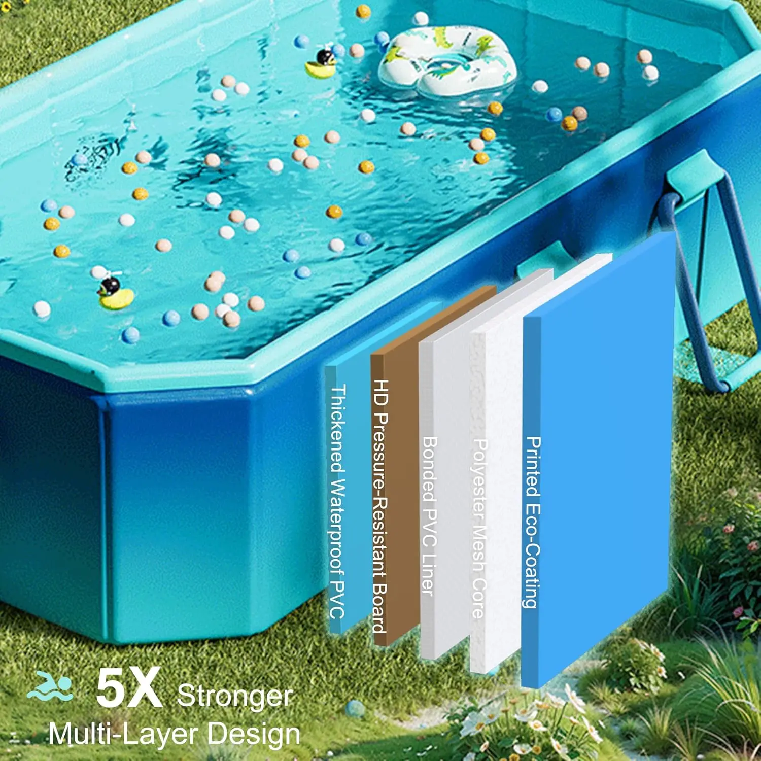 Foldable Pool, Non-Inflatable Swimming Pool for Kids, Adults and Pets, Large Portable Kids Pool with Sturdy Metal Bracket
