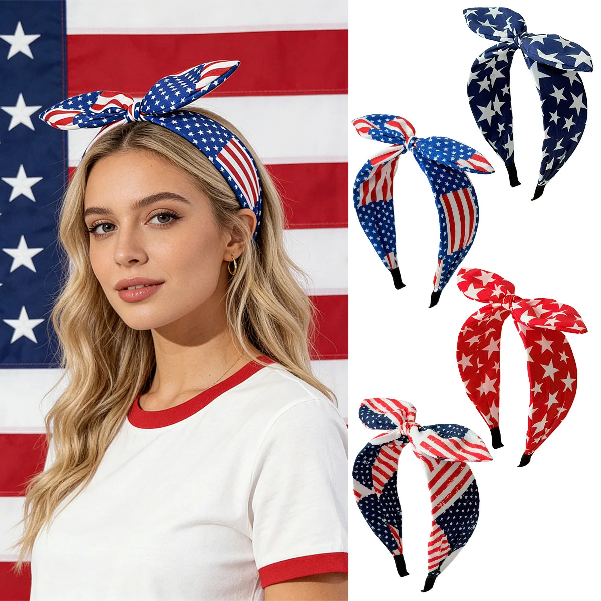 

Hot Selling American Flag Bow Headband Star Striped Bunny Ear Non Slip Hair Hoop for Women 4th July Party Costume Accessory