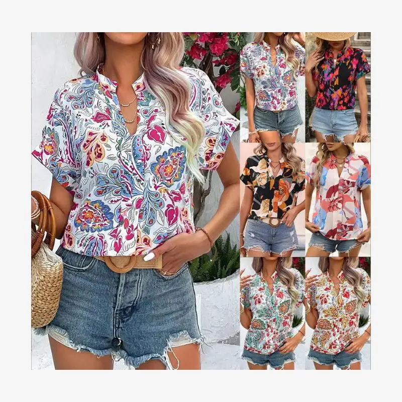 

Summer New Fashion Floral Print V-neck Short Sleeve Shirt Women's Top Open Cardigan Cross-border Polyester Casual Blouse
