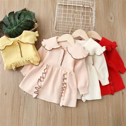 Girls'  Dresses Lapel Lace Children'S Knitting Dress  2022 Autumn And Winter New Sweet Girls Sweater Dress Baby Kids Clothing