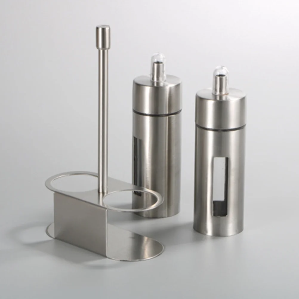 

Stainless Steel Seasoning Containers Clear Window Long Spout Oil Sauce Gadgets Storage Rack Condiment Set