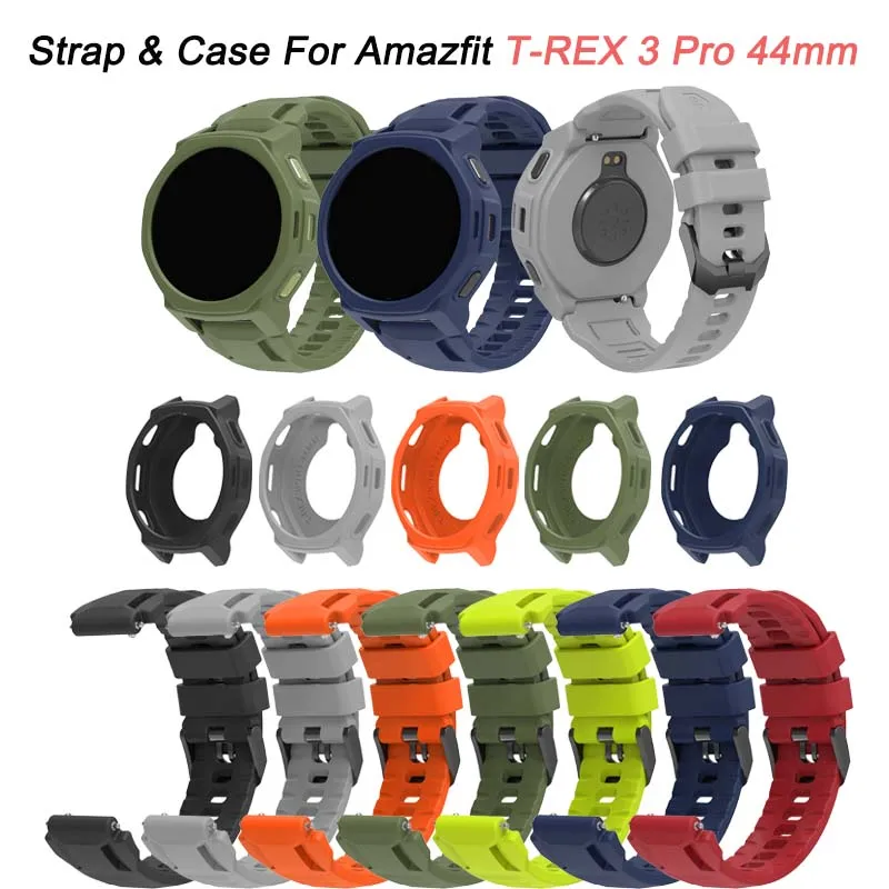Pulseira e capa de silicone para Huami Amazfit T-REX 3 Pro 44mm, pulseira para smartwatch Amazfit T-rex3 Pro.