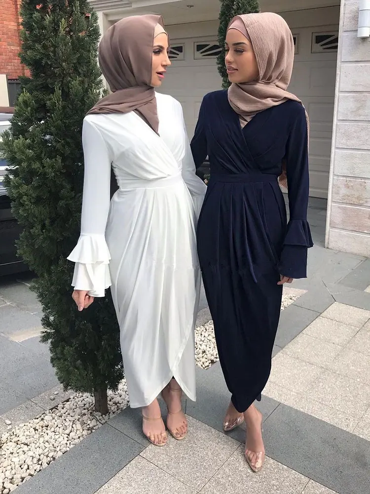 Wrap Front Long Dress Abaya Muslim Women Fashion Flare Sleeve Pleated Front Slit Party Dresses Islamic Arabic Turkey Clothes