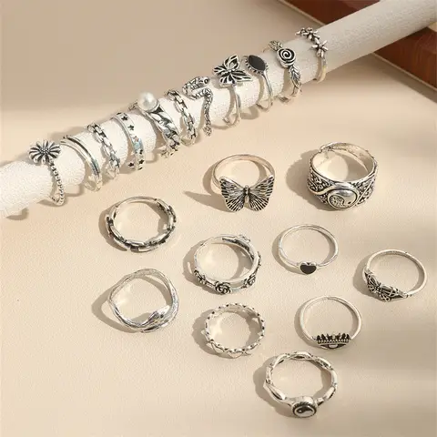 Fashion 25-piece Ring Set for Women, Snake Elephant Enamel Bagua Heart Leaf Flower Geometric Design, Versatile Knuckle Rings