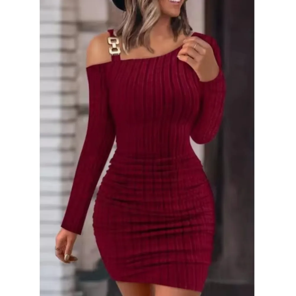 

Sexy Chain Off Shoulder Mini Dress Women Autumn Fashion Bodycon Long Sleeve Dresses For Women Winter Skinny Knitted Vestidaos