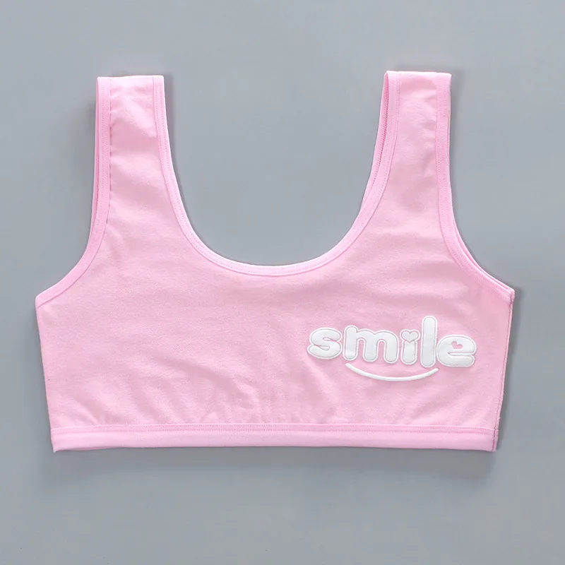 Girl Cotton Sport Training Bra Cartoon Smiley Print Print Solid Color Wide Strap Underwear Bralette Seamless Crop Top 8-16Y