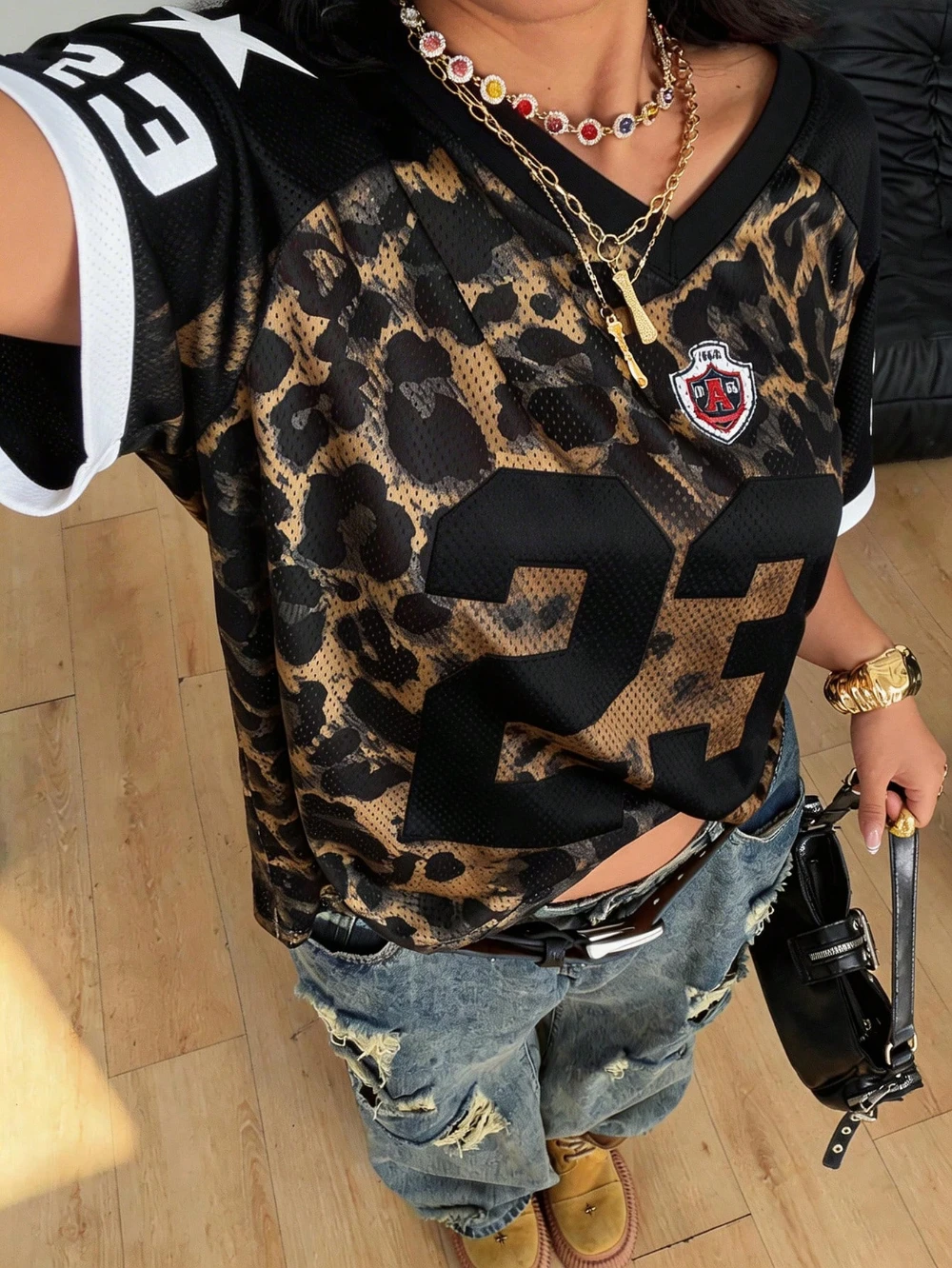 Neues Damen-Oberteil mit No.23-Buchstaben-Print, Y2K-Mode, Sommer, Oversize, Streetwear, atmungsaktives Mesh, Grafik, bequem, Sport, Leopardenmuster ﻿ – Detail 7