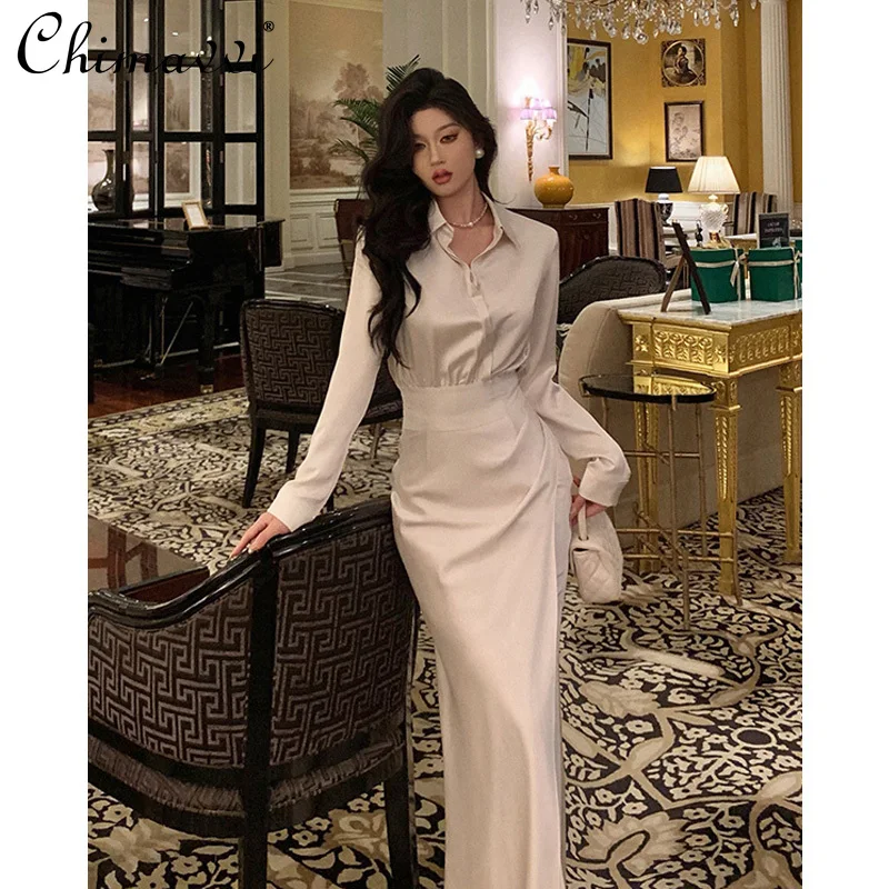 French Temperament Commuter Polo Collar Long Sleeve Satin Shirts High Waist Slim Fishtail Long Skirt Two Piece Set Women Autumn