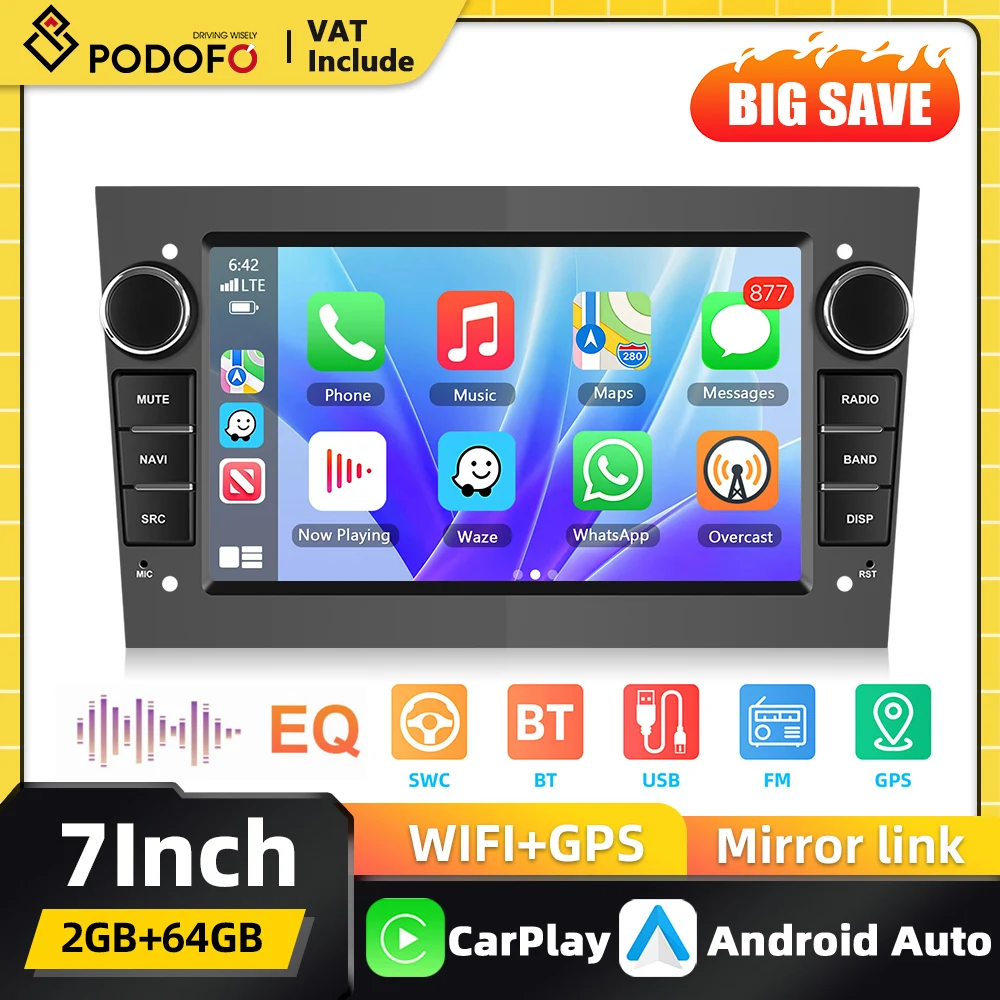Podofo Carplay 2DIN Android Autoradio für Opel Astra Antara Vectra Corsa Zafira Meriva Android Auto GPS Navigation Bluetooth
