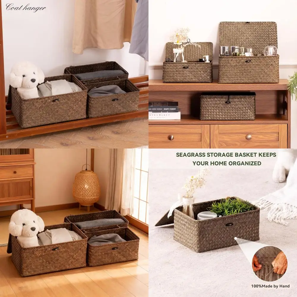 

Набор из 3-х плетеных корзин из морских водорослей с крышками, органайзеры для хранения для декора в стиле бохо, сотканные вручную для дома и журнального столика