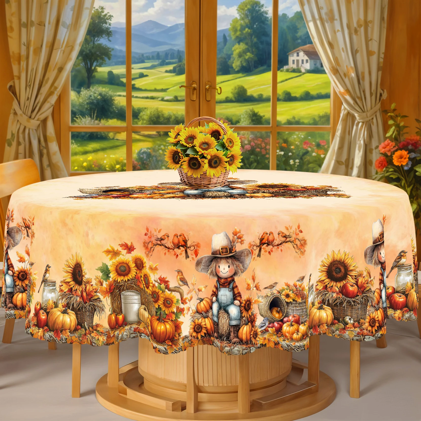 1 Piece, Autumn Harvest Atmosphere Themed Tablecloth + 4 Self-Adhesive Stickers, Scarecrow Pumpkin Maple Leaf Sunflower Bird Pattern Print, Embossed Edges, Suitable for Home Kitchen, Living Room Dining Table Balcony Coffee Table, Holiday Party Holiday Table Decoration Tablecloth Table Cover, Perfect Holiday Gift, Spring, Summer, Autumn and Winter Tablecloth Decoration, Thanksgiving Decoration-Bq008