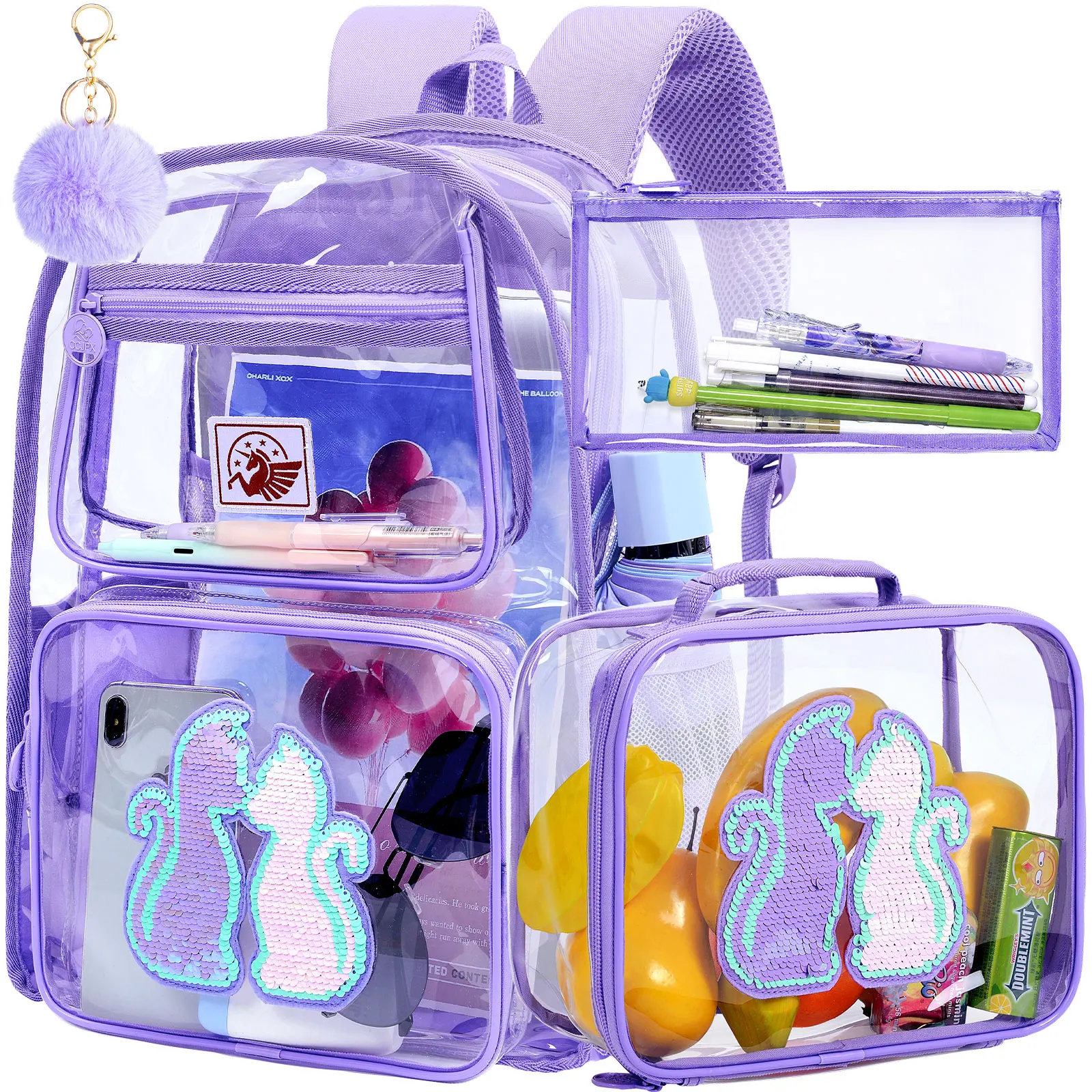 

Набор из 3 прозрачных школьных рюкзаков для девочек, с блестками, милый прозрачный ранец для подростков и учениц начальной школы - фиолетовый