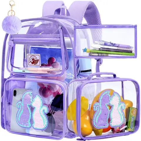 3PCS Clear Bookabag for Girls, Kids Sequins Transparent Backpack Set, Cute See Through School Bag for Teen Elementary - Purple
