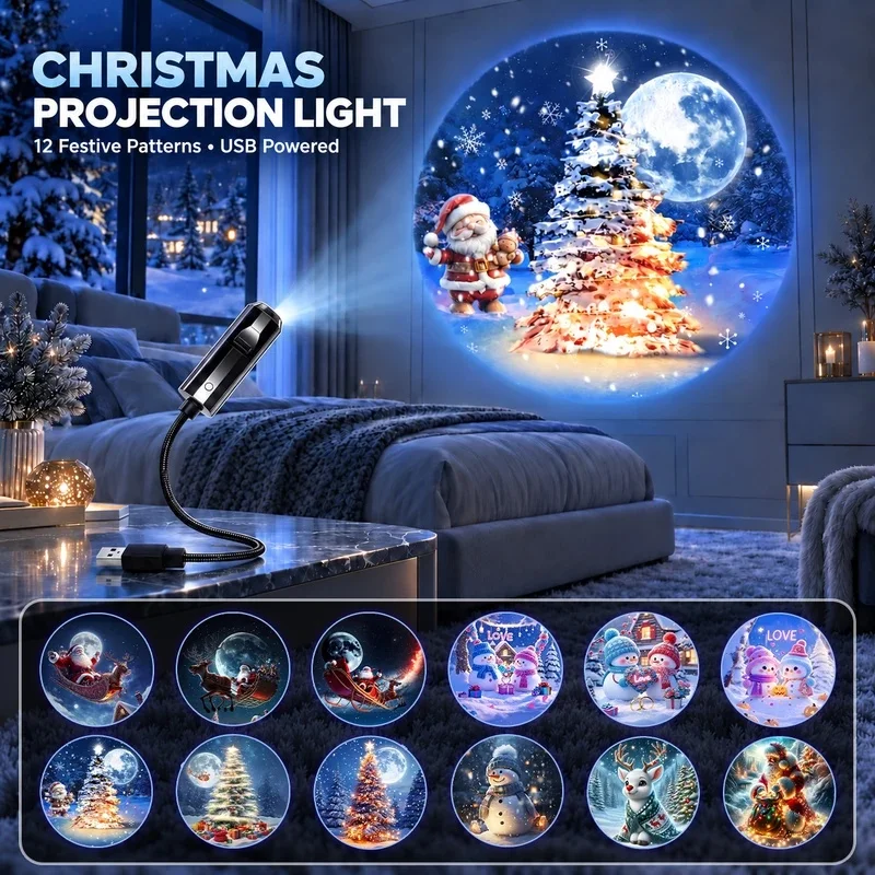 クリスマスプロジェクションランプ。usb接続のhdプロジェクターで、サンタクロース、雪だるま、トナカイ、クリスマスツリーの映像を投影。寝室のホリデーデコレーションに最適。