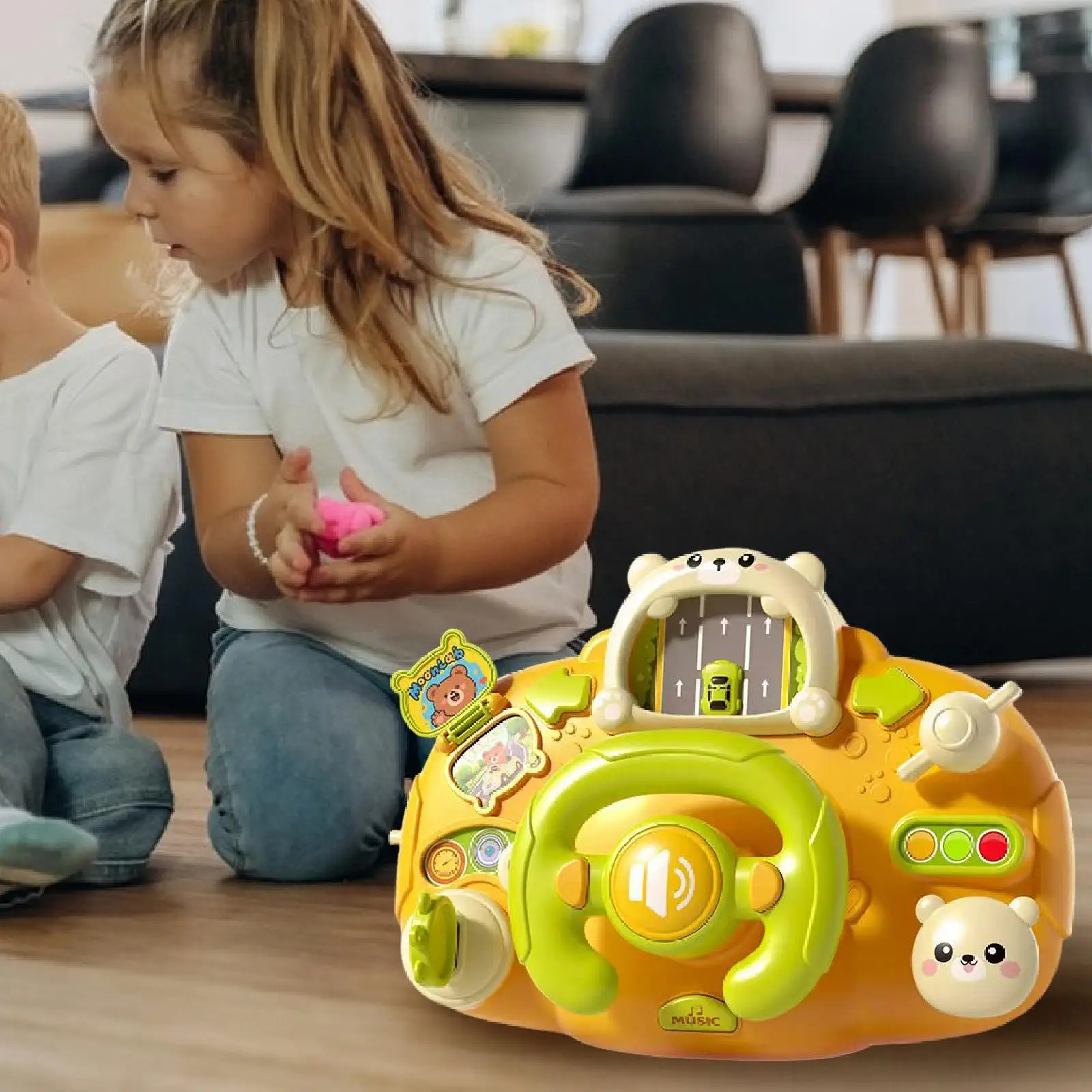 子供用ステアリングホイール-ポータブルシミュレーション早期学習玩具-音付きごっこ遊び-デスクの押し引き、回転、押す遊び用