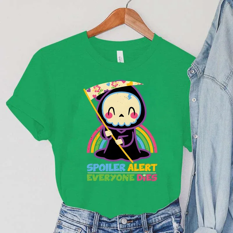 Teschio T-shirt Donna Cartoon Arcobaleno Magliette SPOILER ALERT Tutti muore Stampa Abbigliamento donna Vintage90s Falce T-shirt da donna