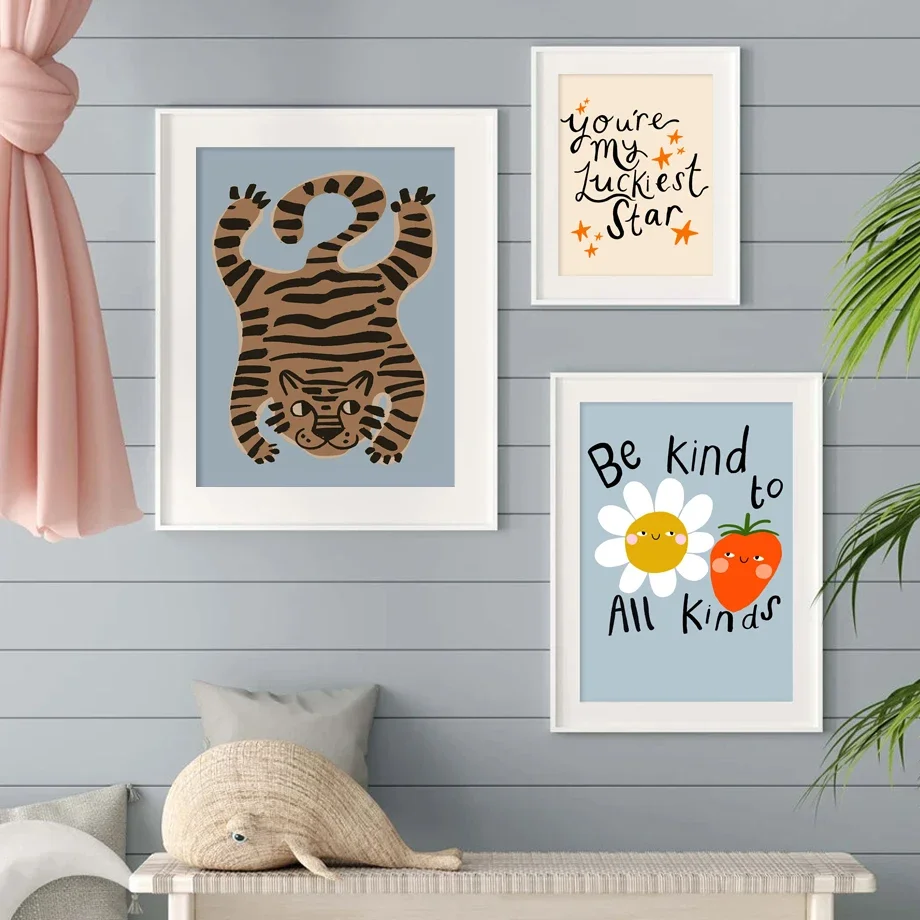 بوهو الكرتون الحيوان عباد الشمس جدار ملصق فني Kawaii الطفل الحضانة طباعة مضحك النمر الدب الأرنب تصميم قماش لديكور غرفة الأطفال