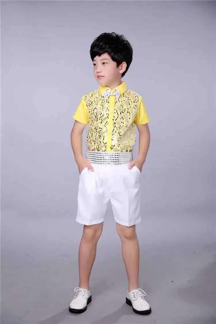 Costume per bambini abbigliamento da coro per bambini abbigliamento da ragazzo top e pantaloni con paillettes a maniche corte 2 pz/set vestiti da ballo latino