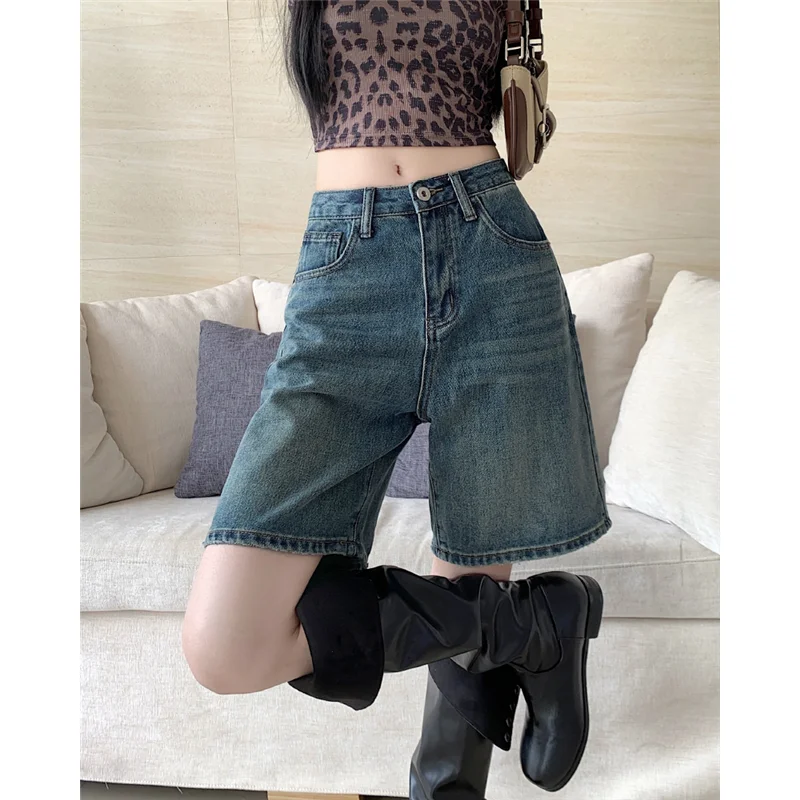 

Blue Women's Shorts Jeans High Waist Straight Pants Streetwear Harajuku Y2K Vintage Female Wide Leg Denim Five Points Trouser