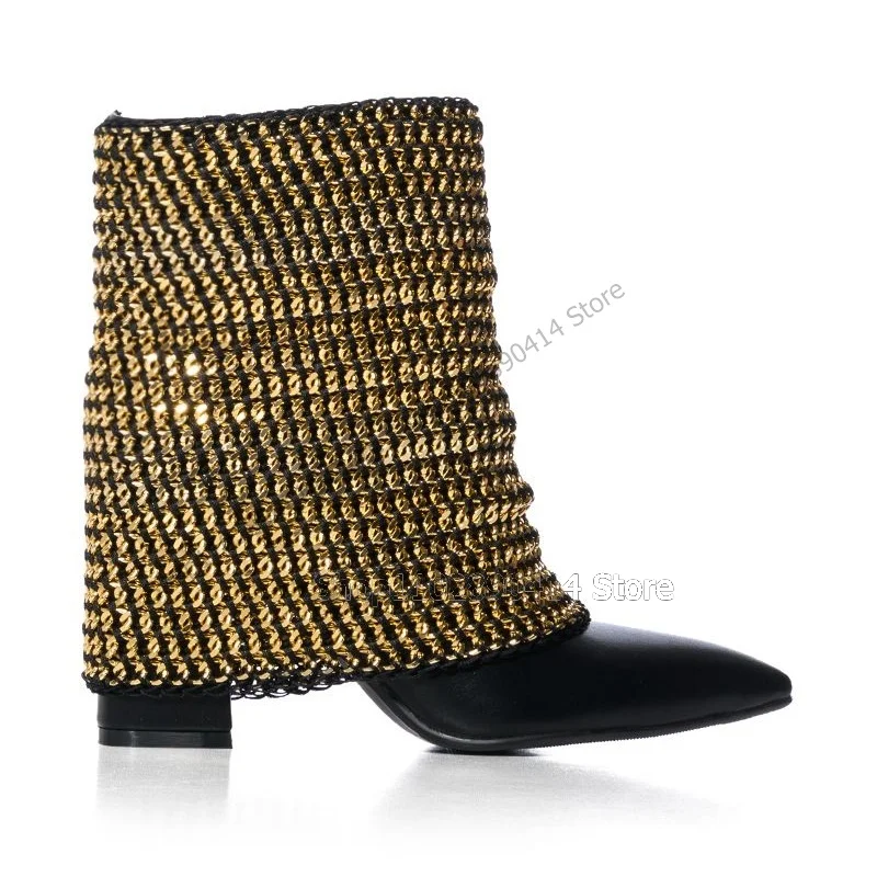 Gold Silver Metal Decor Turned Over Boots Mid Calf Women Shoes Chunky High Heels Pointed Toe Novel Sexy 2023 Zapatos Para Mujere