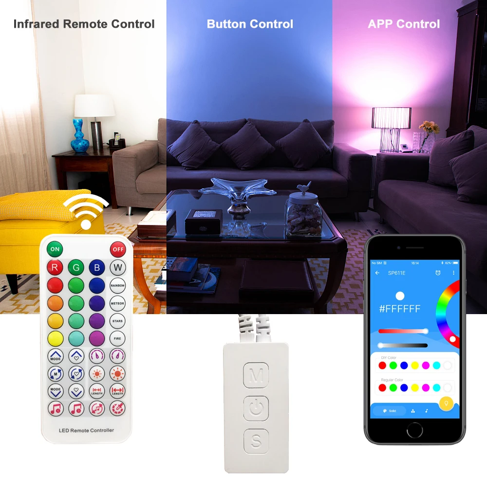 SP611E WS2812B WS2811 Bluetooth Music LED Strip Controller 38 Keys IR Remote APP Control For Addressable LED Lighting DC5V-24V