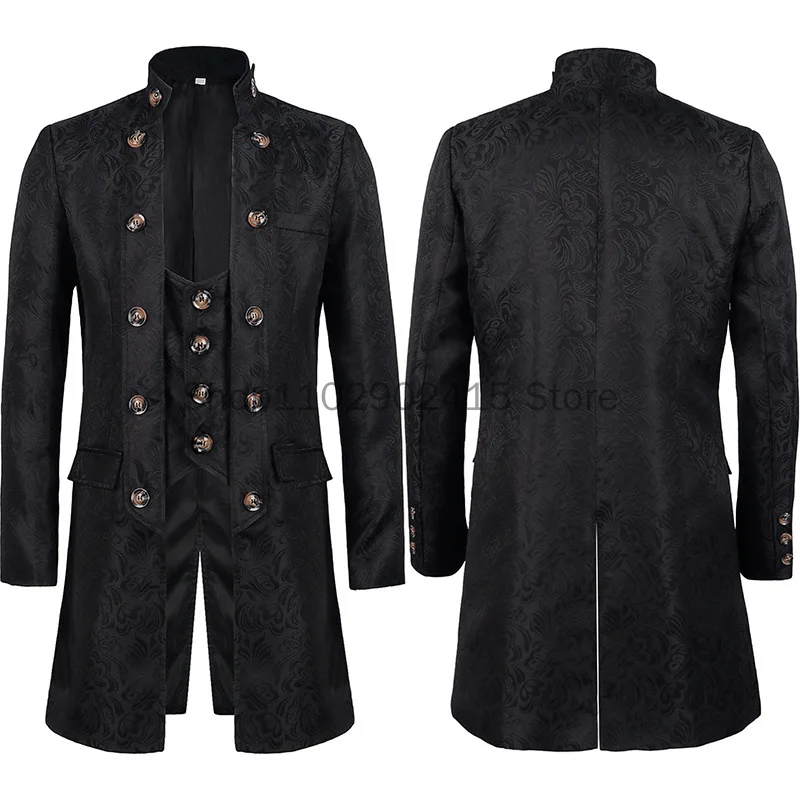 

2023 Medieval Men Uniform Steam Punk Long Style Stand Collar Solid Retro Trench Show Clothing Halloween Party Cosplay Costume