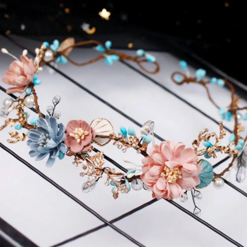 

Элегантная легкая свадебная повязка для волос ручной работы с жемчугом и стразами, украшенная цветами, для невесты, блестящий аксессуар для вечеринок