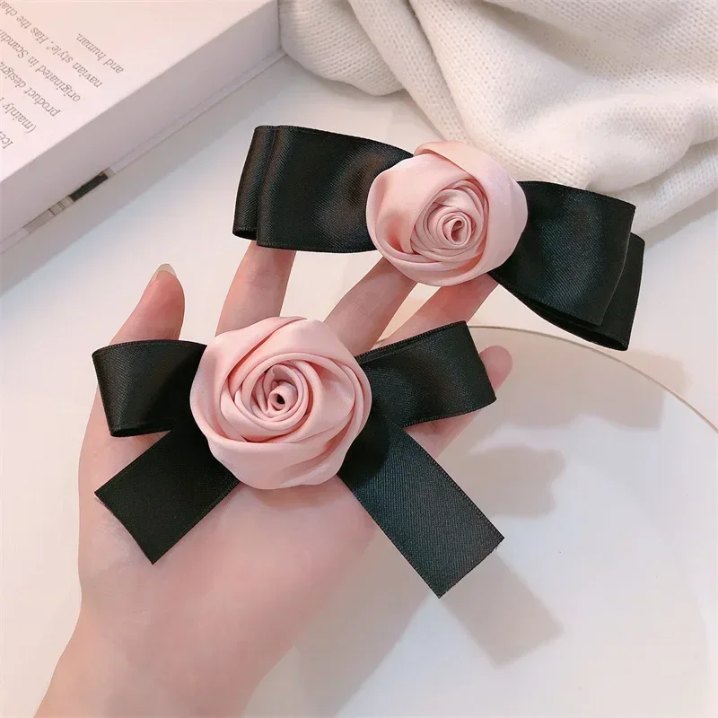 Pink Rose Bow Hair Clips For Girls Women Black Elastic Head Bands Student Braided Headrope Kids Hairpin Fashion Hair Accessories