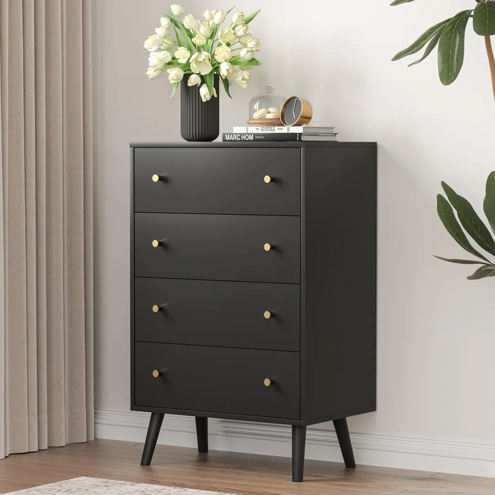 

Dresser for Bedroom, Modern Black Dresser with 4 Drawers, Tall Chest of Drawers with Gold Handles
