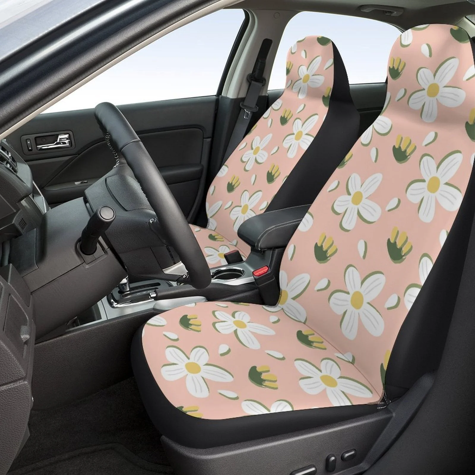 

2pcs Of Breathable And Non-Slip Car Front Covers, Featuring A Lovely Floral Design In Pink And Yellow, Perfect For A Casual And