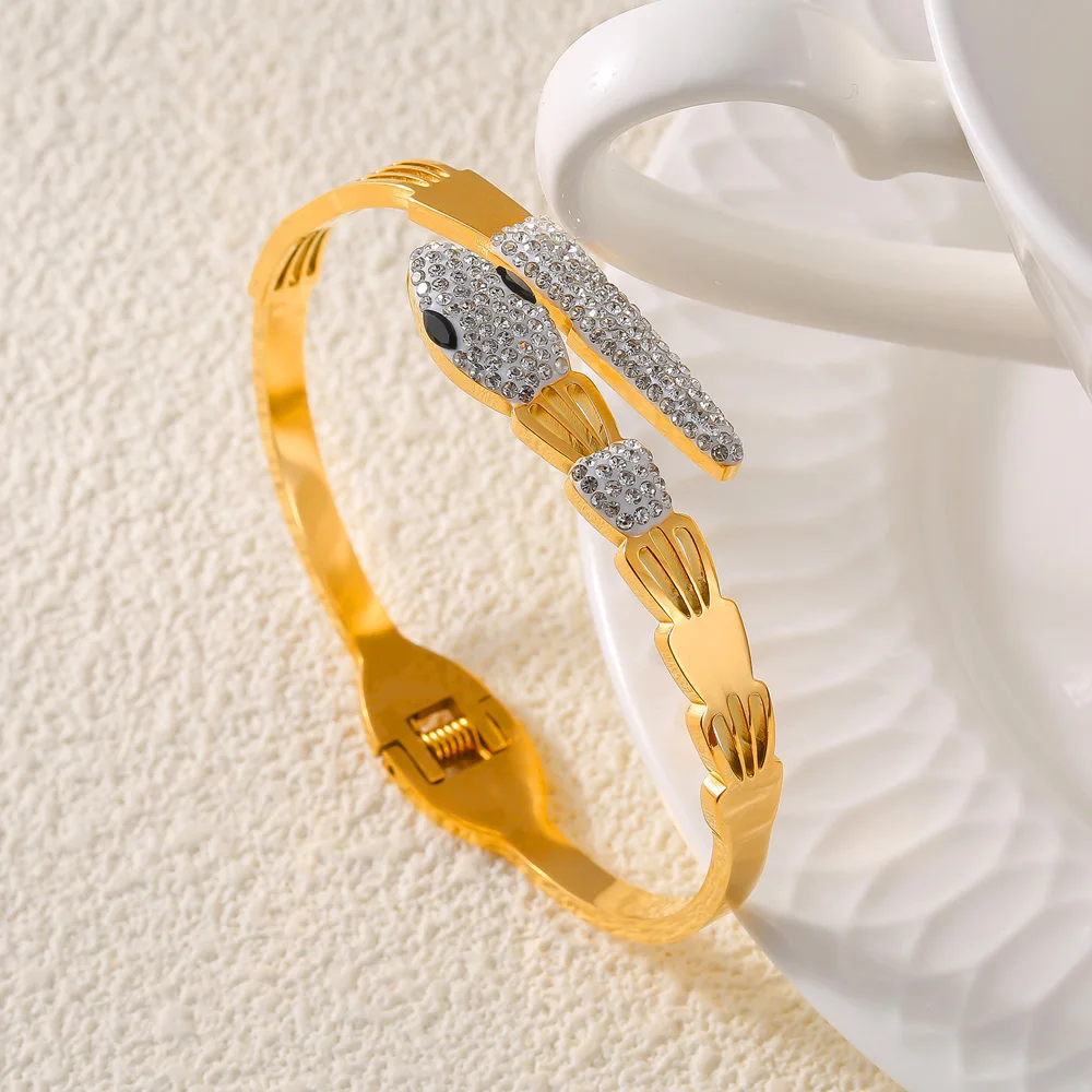 Sparkle Stainless Steel Bracelet for Women Plated Gold Snake Design Luxury Fashion Hollow Bangle Jewelry Gift Wholesale