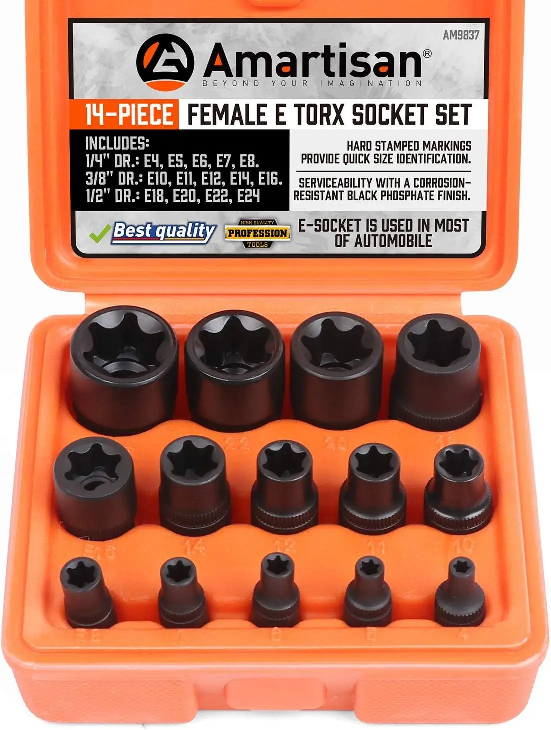 

14 Piece Female E-Torx Star Socket Set, 1/4" 3/8" 1/2" Drive, E4-E24 External Torque Sockets, Heavy Duty Chrome Vanadium Steel